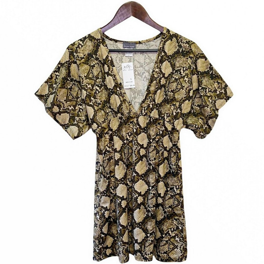 Jordan Taylor Women's Size S Artsy Snakeskin Tunic Top Blouse V-Neck Brown Beige